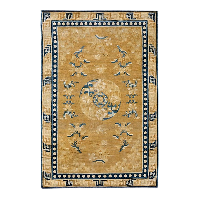 1800s Yellow Gold Medallion Antique Chinese Ningxia Carpet 4'10" X 6'10" Knotted Pile Wool Rug For Sale