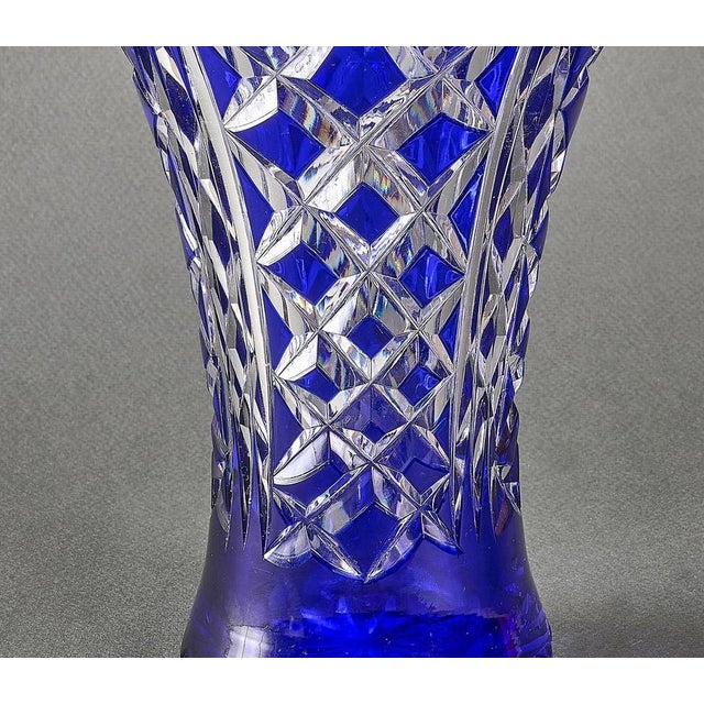Vintage Bohemian Cut Crystal Vase Blue Cut to Clear Wonderful Bohemian cut glass royal cobalt blue crystal flared trumpet...