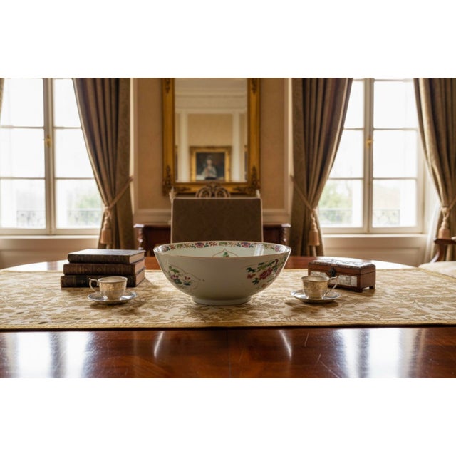 18th C. Qianlong Chinese Export Famille Rose Gilt 12 Inch Punch Bowl, Antique Qing Dynasty Chinoiserie Porcelain Centerpiece, Mandarin Palette For Sale - Image 18 of 18