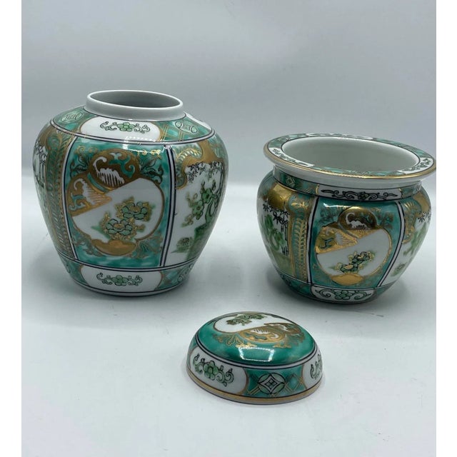 Ceramic Vivid Emerald & Gold Imari Porcelain Set – Hand-Painted Japanese Vintage For Sale - Image 7 of 8