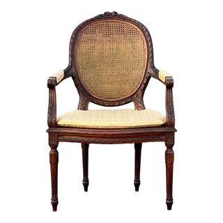 19th Century Carved French Accent Caned Armchair For Sale