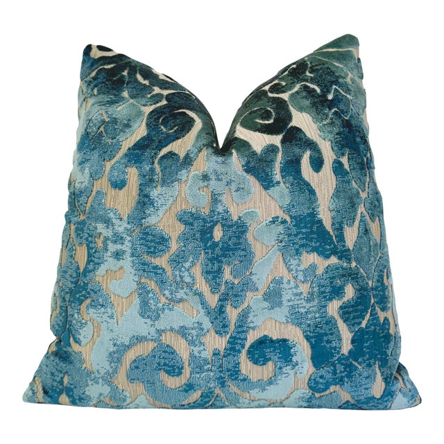 Blue Brocade 22x22 Velvet Throw Pillow With Feather Down Insert For Sale