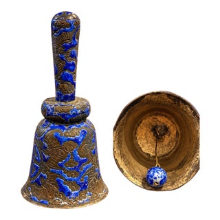 Antique 1880-1920 Chinese Cloisonné Enamel Hand Bell Blue Floral Metal 5” Ornate For Sale