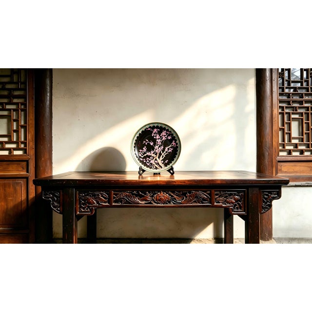 Art Deco Chinese Ceramic Plate,Qianlong Marked Famille Rose Porcelain Plate Hand Painted Plum Blossoms Pattern For Sale - Image 3 of 9