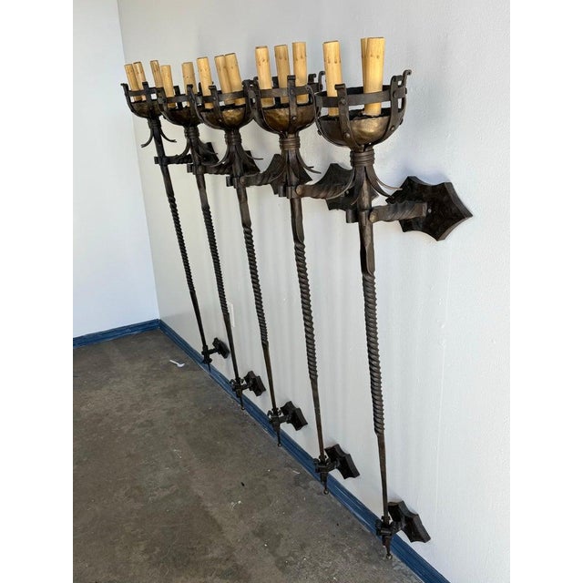 1930s Set of Five Spanish Wrought Iron Sconces For Sale - Image 5 of 12