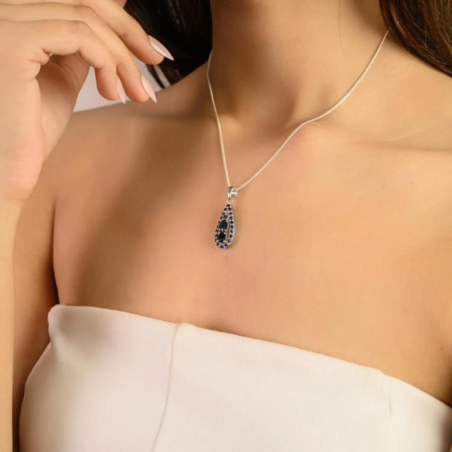 Art Deco 925 Silver Teardrop Shape Pendant With Blue Sapphire - Wedding Gift For Sale - Image 4 of 11