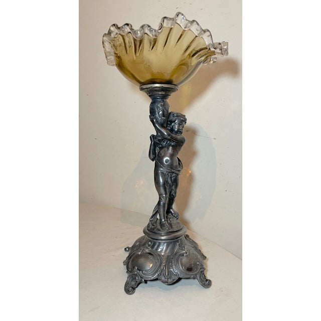 Metal Antique Ornate Silverplate Cherub Figural Blown Glass Centerpiece Tazza Compote For Sale - Image 7 of 12
