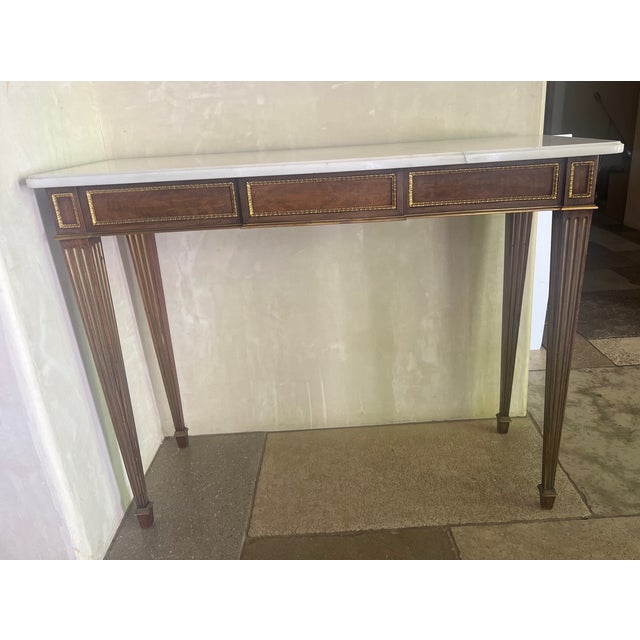 Brown Louis XVI Style Marble Top Console Table W/ Inlaid Brass For Sale - Image 8 of 11