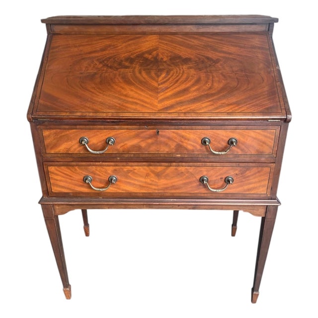1980s Elegant Hepplewhite Style Inlaid Mahogany Slant-Front Bureau Desk For Sale