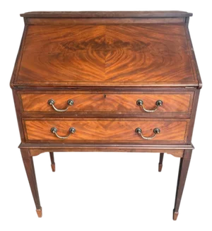 1980s Elegant Hepplewhite Style Inlaid Mahogany Slant-Front Bureau Desk