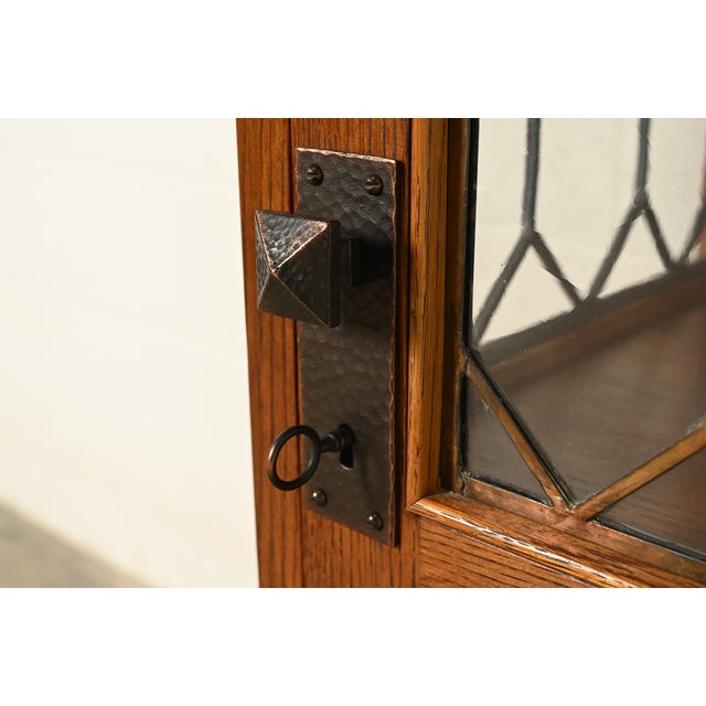 Brown Stickley Roycroft Mission Oak Arts & Crafts Chafing Dish Stand or Side Cabinet With Leaded Glass For Sale - Image 8 of 15