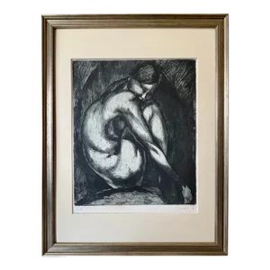Rare Early European Modernism Figural Nude Etching by Andor Sugar Circa 1940