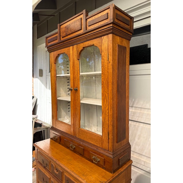 Early 1900s Architectural Oak Display Glass-Front Cabinet on Chest For Sale - Image 15 of 18