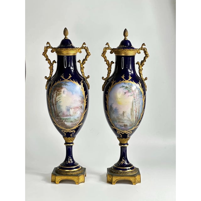 Antique French Porcelain Vases with Gilt Bronze Mounts from Sèvres, 19th Century, Set of 2 For Sale - Image 4 of 11
