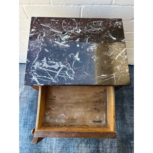 Antique Walnut Nightstand / Bedside Cabinet Featuring a Dark Marble Top and a Single Drawer Above a Cabinet Door For Sale In Los Angeles - Image 6 of 9