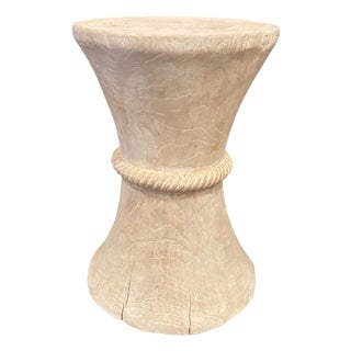 Andrianna Shamaris Hourglass White Washed Teak Wood Side Table or Stool For Sale