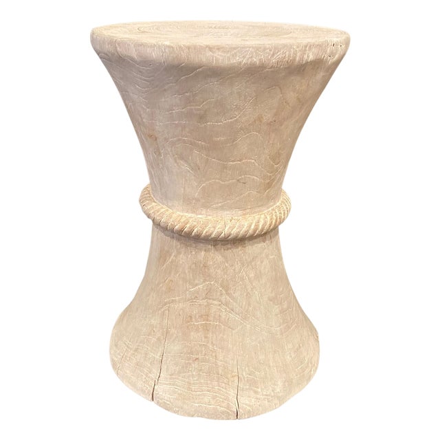 Andrianna Shamaris Hourglass White Washed Teak Wood Side Table or Stool For Sale