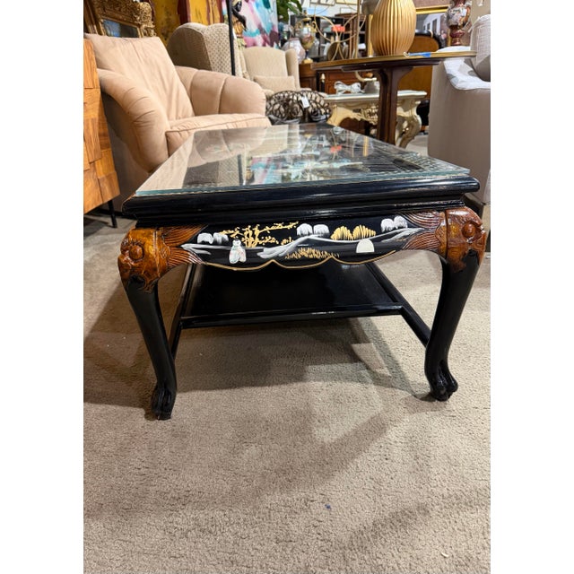 Vintage Black Chinoiserie Coffee Table With Shellwork & Glass Top For Sale - Image 10 of 10