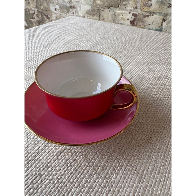 Elegant pair of vintage porcelain teacups and matching saucers by Victoria, Czechoslovakia, finished in striking jewel-...