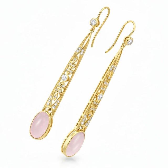 Modern Art Nouveau Rose Quartz Drop Earrings Silver, Gold, A Pair For Sale - Image 3 of 5