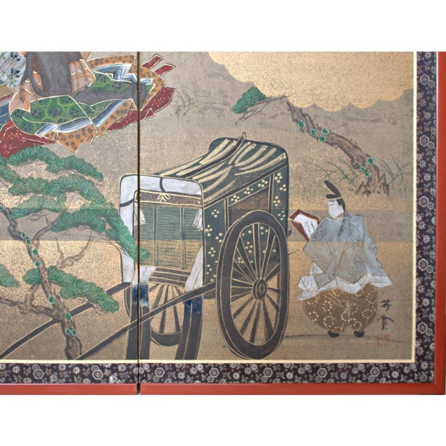 "Dancing Kimono Beauties", C. 1960s Shōwa Era Yamato-E Style Painted Byobu Screen For Sale - Image 13 of 18