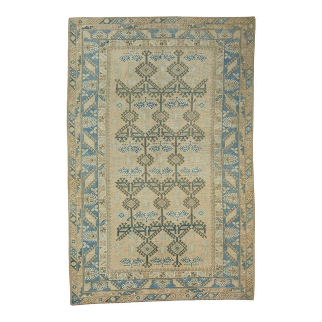 Cream & Blue Turkish Vintage Rug 6'4" x 9'8" For Sale