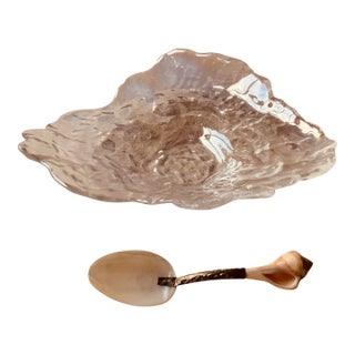 Mid 20th Century Crystal Oyster Shell Caviar Dish With Mother of Pearl & Whelk Shell Spoon For Sale