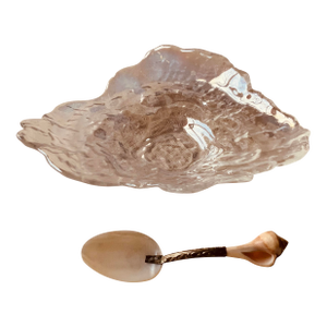Mid 20th Century Crystal Oyster Shell Caviar Dish With Mother of Pearl & Whelk Shell Spoon