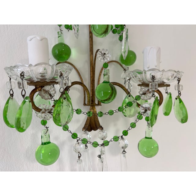 Italian Green Murano Glass Drops, Prisms & Swags Sconces C 1930 For Sale - Image 10 of 11