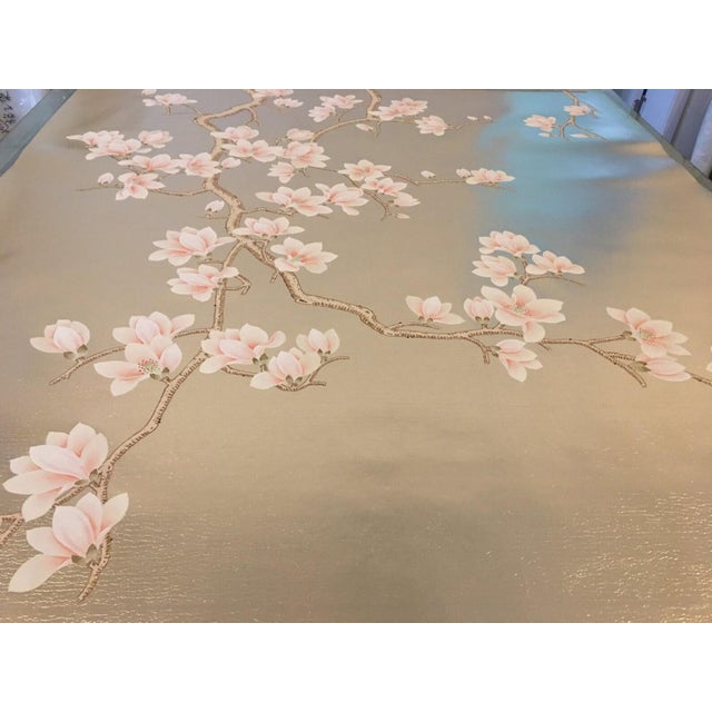 Gold Hand‑Painted Champagne Gold Leaf Chinoiserie Mural, Pink Magnolia Blossom Wall Panel For Sale - Image 8 of 9