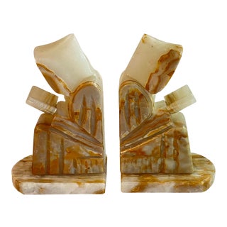 Vintage Mid 20th Century Alabaster Marble Reading Monk Bookends - a Pair For Sale