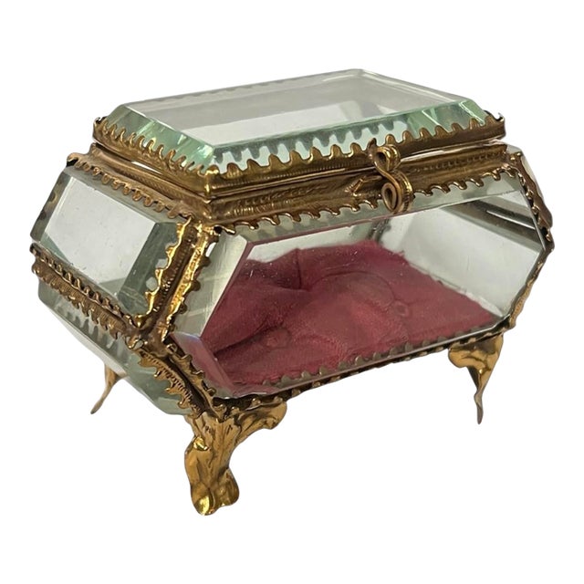 Victorian Beveled Glass Gilt Metal French Royal Jewelry Casket Trinket Box For Sale