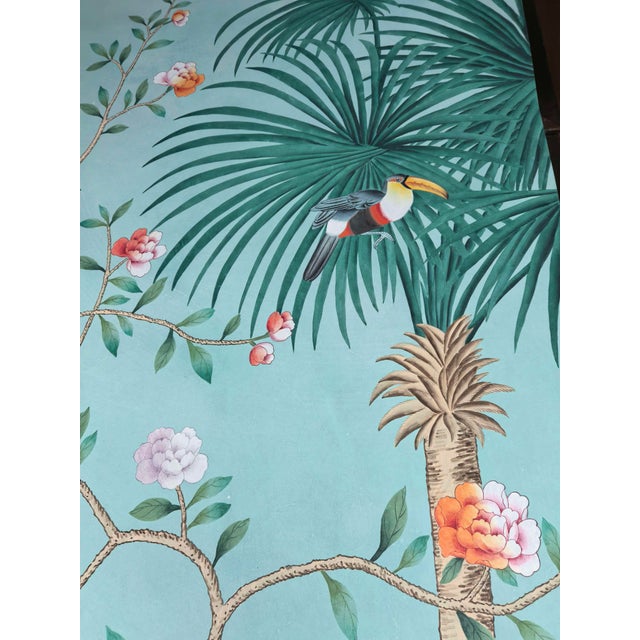 Blue Hand-Painted Chinoiserie Tropical Garden Mural on Edo Xuan Paper – 7 Panels For Sale - Image 8 of 10