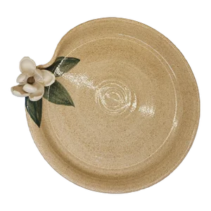Vintage Stoneware Pottery Dish With Applied Magnolia