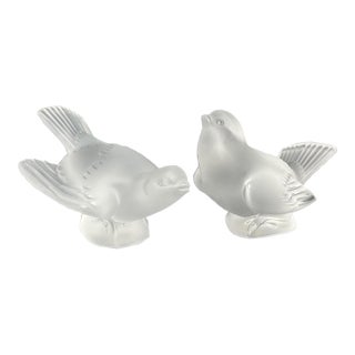 Lalique Frosted Crystal Sparrows “Moineau” | Pair Signed Lalique France | 1990s For Sale