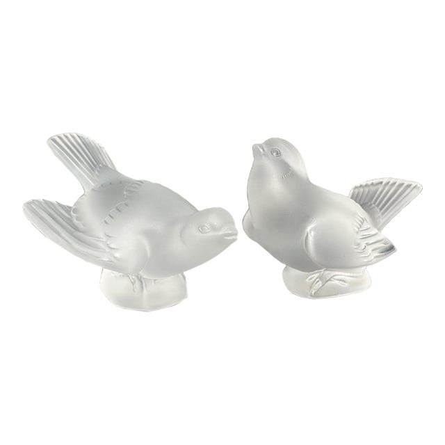 Lalique Frosted Crystal Sparrows “Moineau” | Pair Signed Lalique France | 1990s For Sale