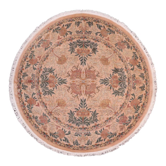 Floral 1990's Pak-Persian Tan/Green Wool Round Rug- 8'2'' X 8'2'' For Sale