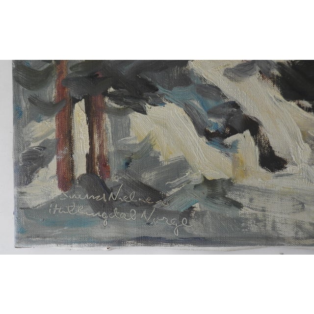 Vintage mid 20th century oil on linen snowy winter forest landscape painting. Signed illegibly lower left corner....