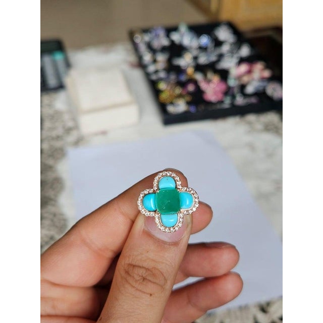 Green Set in 18k Gold, Art Deco Emerald Sugarloaf, Turquoise & Diamond Engagement Ring, Us Size 6 For Sale - Image 8 of 16