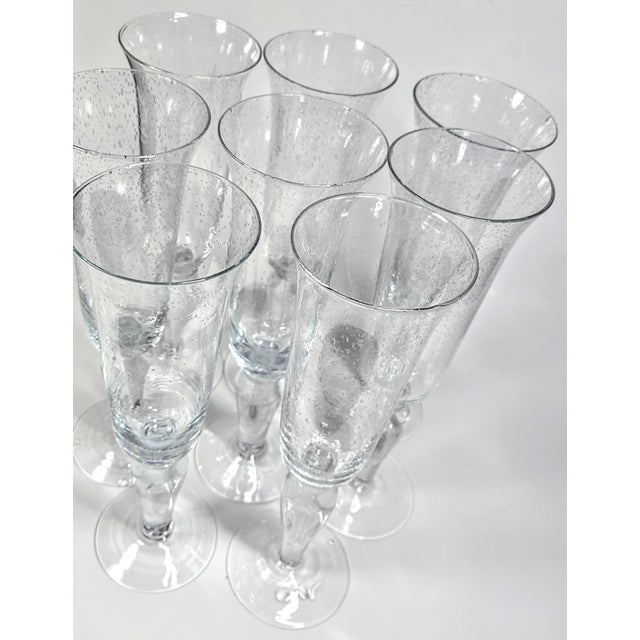 1990s Handblown Bubbled Champagne Flutes- Set of Eight For Sale - Image 5 of 11