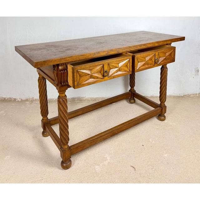 Wood 20th Century Spanish Oak Console Table with Two Drawers For Sale - Image 7 of 10