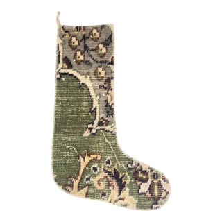 Two-Tone Vintage Kilim Christmas Stocking, Olive Green & Gray Floral Wool, 11.8 X 17.7 in – One of a Kind Decor For Sale
