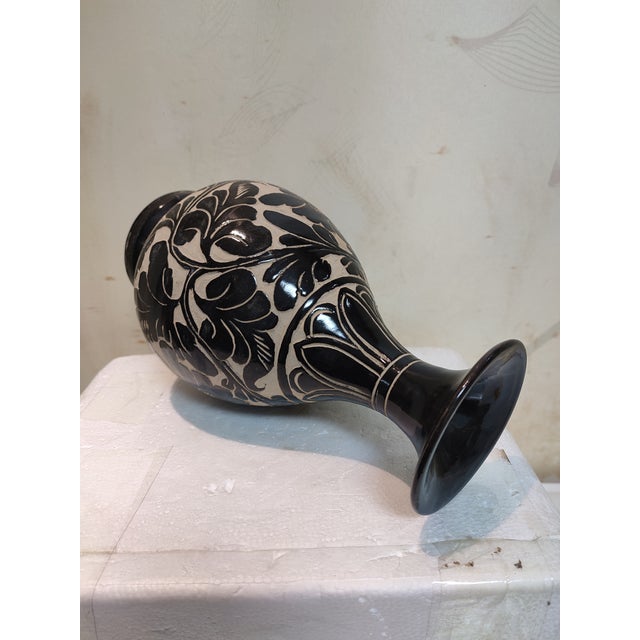 Early 20th Century Chinese Ceramic Vase Cizhou Ware Black Glaze Porcelain Yuhuchun Vase Hand Carved Flowers Pattern For Sale - Image 5 of 11
