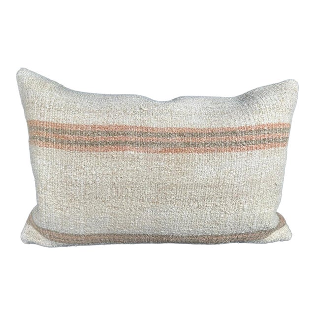 Turkish Hemp Pillow Cushion Natural Beige Rust Pillow Cushion Cover 16" x 24" For Sale