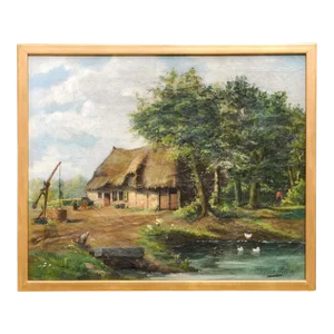 Belgian Julien T'felt 1890s Gilt Framed Oil Painting Depicting a Farmyard Scene