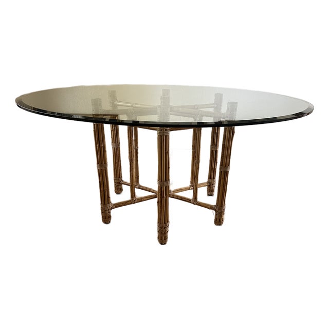 1990s Unmarked McGuire Organic Modern Bamboo & Rattan Circular Dining Table With Glass Top For Sale