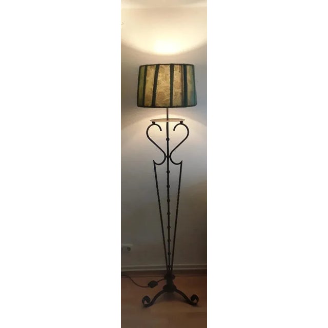 1980s Vintage Floor Lamp with Filigree Iron Frame and Handmade Green Fabric Shade, 1980s For Sale - Image 5 of 9