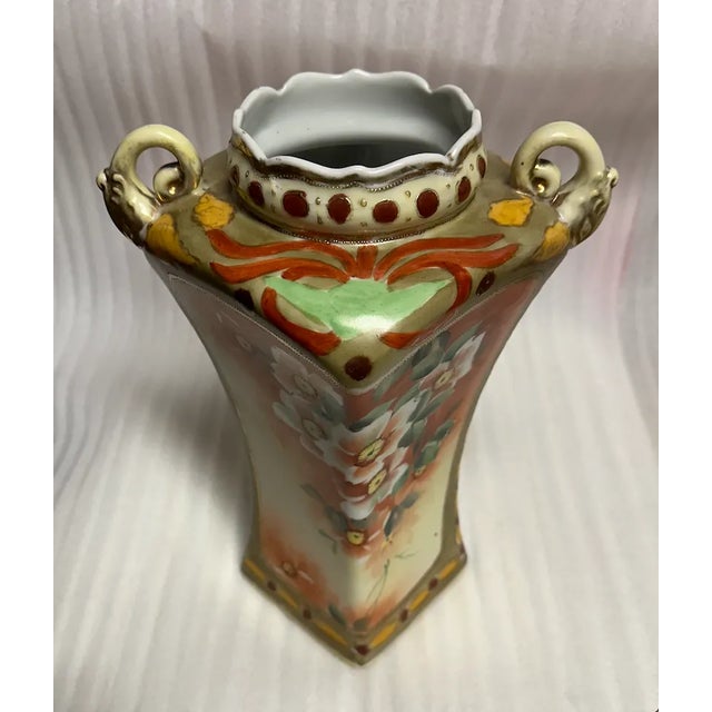 Early 20th Century Antique Imperial Nippon Hand Painted Moriage Vase with Scroll Handles For Sale - Image 5 of 8