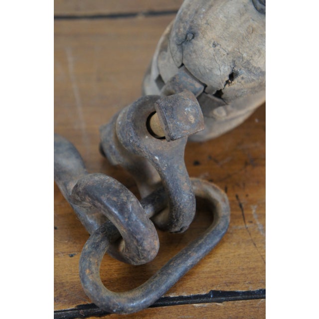 Antique Primitive Industrial Cast Iron & Wood Block Double Pulley Hook For Sale - Image 10 of 12