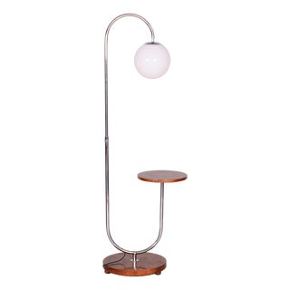 Bauhaus Adjustable Floor Lamp in Walnut and Chrome attributed to R. Slezák, Czech, 1930s For Sale
